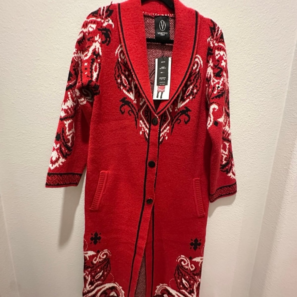 Vertigo Red Pattern Long Cardigan Sweater Coat – Size S – NWT